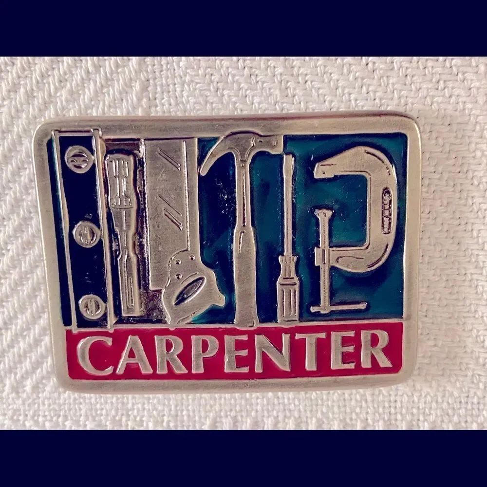 Carpenter & Tools Belt Buckle Pewter and Enamel  Worn By Actor On Tv Show  EUC.